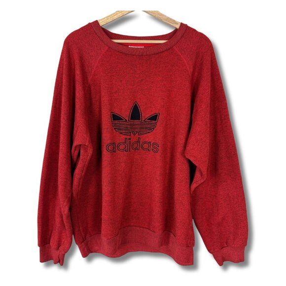 Adidas Vintage Sweatshirt Mens Large Crewneck Trefoil Embroidered Logo Red - Picture 1 of 4